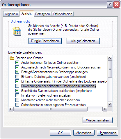 Erweiterungen bei bekannten Dateitypen ausblenden